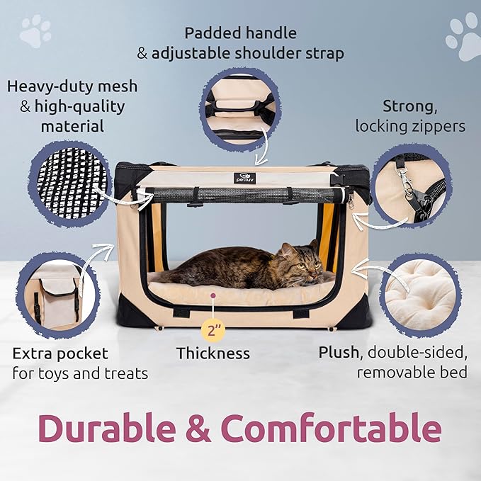 Soft-Sided Cat & Dog Pet Carrier, Large 24"x16"x16", Fits Large Cat, 2 Cats, or Medium Dog Comfortably, Great for Travel & Vet Visits, Privacy Windows, Removable Bed, Locking Zippers, Folds Flat
