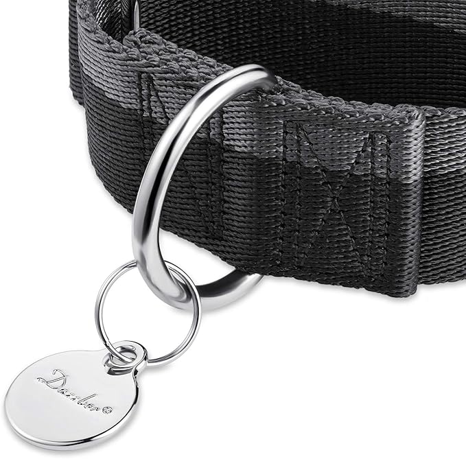 Martingale Collar 1.5 Inch Wide 1200D Extra Strong Nylon Dog Collar, No Pull Heavy Duty Dog Collar with 2-Color Stripe for Medium to XLarge Dogs (Large, 1 1/2 Inch Wide, Black & Grey)