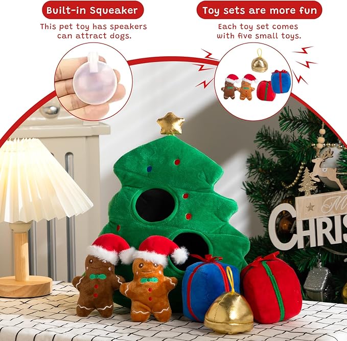 Hollypet Squeaky Dog Toy, Interactive Plush Hide and Seek Dog Toys for Small Medium Sized Dogs and Non-Aggressive Chewers, Puppy Teeth Clean Chew Toys, Christmas Tree