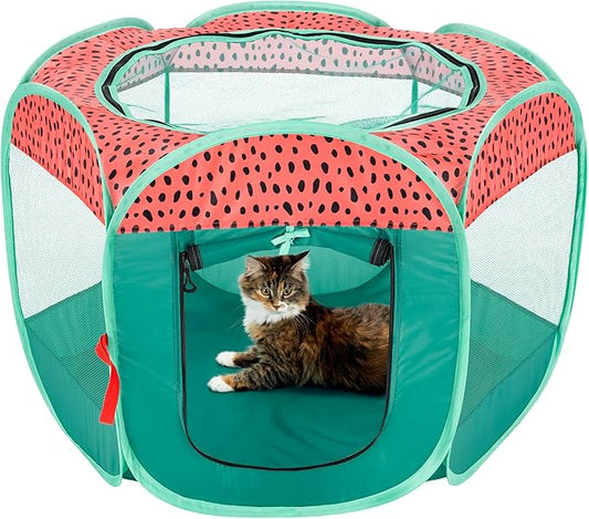 Furhaven Portable Dog Playpen Cat Tent, Pet Playground/Kennel Foldable Indoor Outdoor Zippered Puppy Crate - Green & Pink, Small