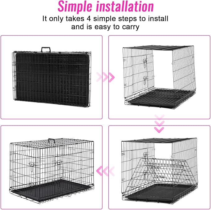 FDW Dog Crate for Large Dogs 48 Inch Folding Metal WirePet Cage Double Door W/Divider Panel Indoor Outdoor Kennel Leak-Proof Plastic Tray,Black