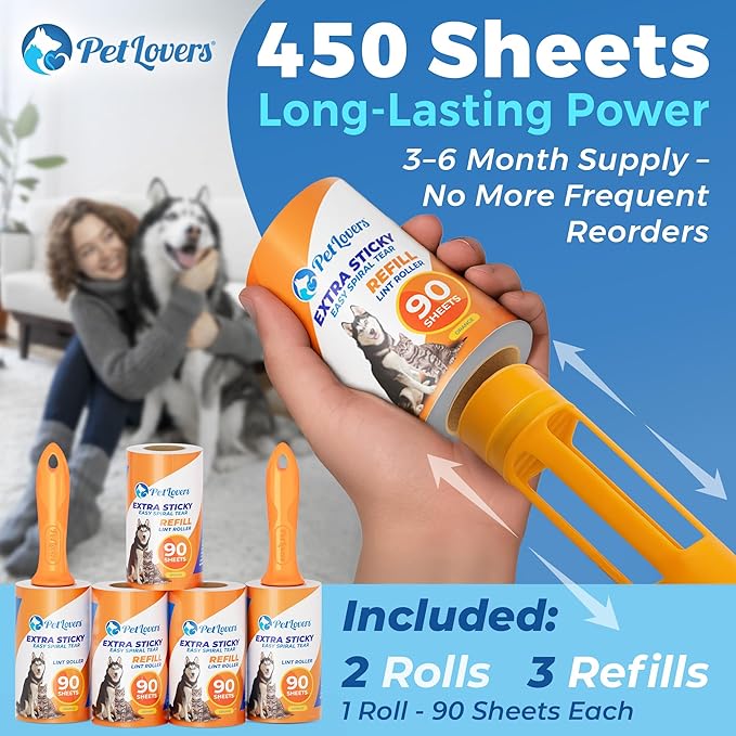 PetLovers Extra Sticky Lint Roller Mega Value Set 450 Sheets for Pet Hair Removal and Clothes, Dog and Cat Lint Remover 5 Pack Orange
