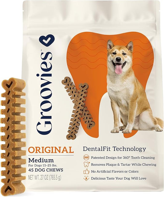 Groovies Flexible, Yet Moderately Tough Daily Dog Dental Chews. Powered by USA-Patented DentalFit Technology. No Added Gluten, No Artificial Flavors or Colors. Original 27oz Medium (45Chews)
