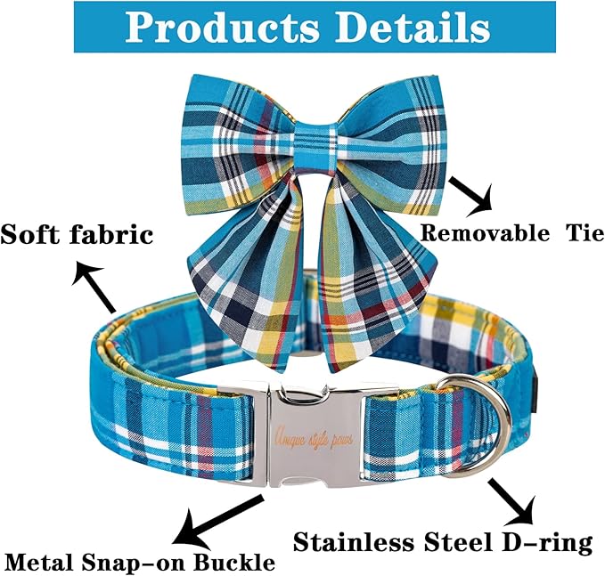 Unique style paws Blue Plaid Dog Collar with Bow Cute Puppy Collar for Small Medium Large Dogs as Autumn Winter Pet Gifts-XL