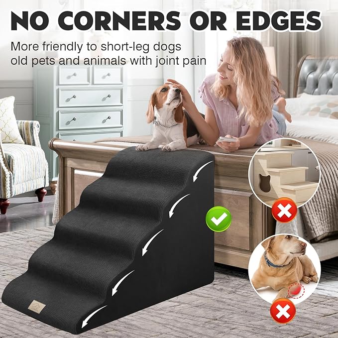 Mestuel Dog Stairs for High Bed, 22.8in Large Foam Pet Stairs to High Bed, 5 Steps Dog Stairs Ramp Indoor with Non-Slip Bottom, Pet Stairs for Large Small Medium Dogs, Black
