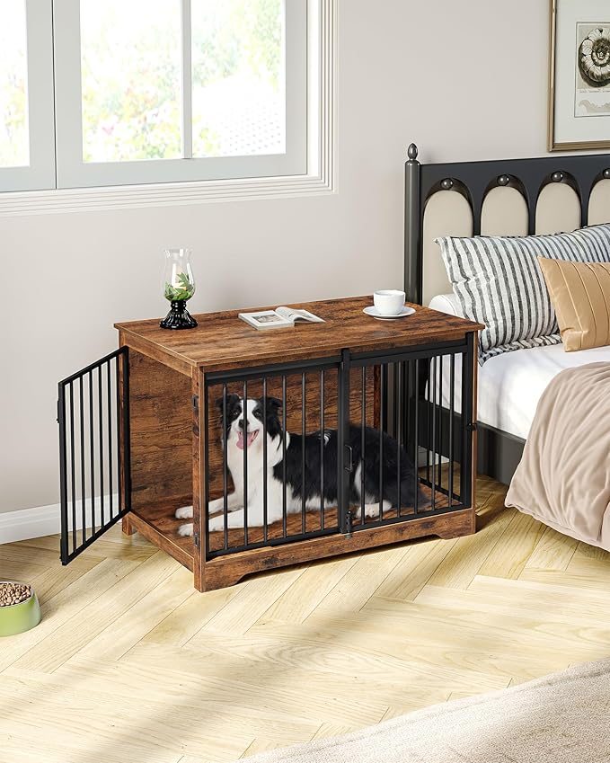 39.3" Dog Crate Furniture with Barn Door, Heavy Duty Dog Kennel Indoor with 2 Doors, Wooden Pet Cage End Table for Large Small Medium Dogs, Anti-Chew Anti-Escape, Rustic Brown DFC02301B