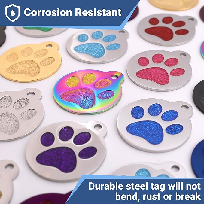 GoTags Paw Print Round Stainless Steel Pet Tag for Dogs and Cats, Personalized with 4 Lines of Custom Engraved ID Name and Number, in Stainless Steel and 15 Colors Small and Large, Gold