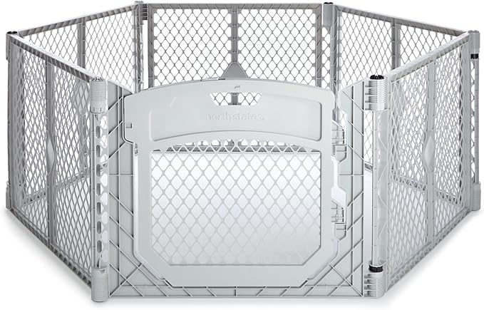 MyPet North States Petyard Plus: 5.5 Ft. Wide Folding Dog Playpen Indoor or Outdoor. 6-Panel Freestanding Play Pen Dog Gate Made in USA. 26" Tall, Light Gray