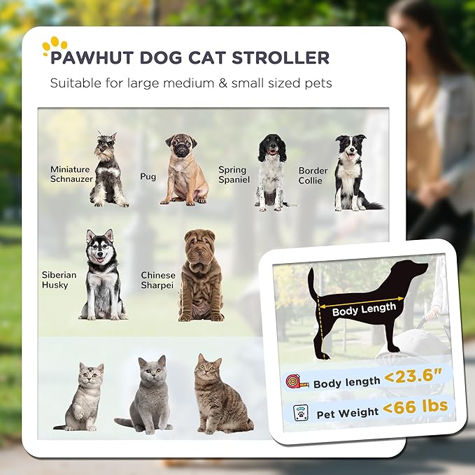 PawHut Dog Stroller for Large Medium Small Dogs up to 66 Lbs. 23.5" in Body Length, One-Click Foldable Pet Cat Stroller with Storage, Shock Absorption Wheels, Mesh Window, Safety Leash, Black