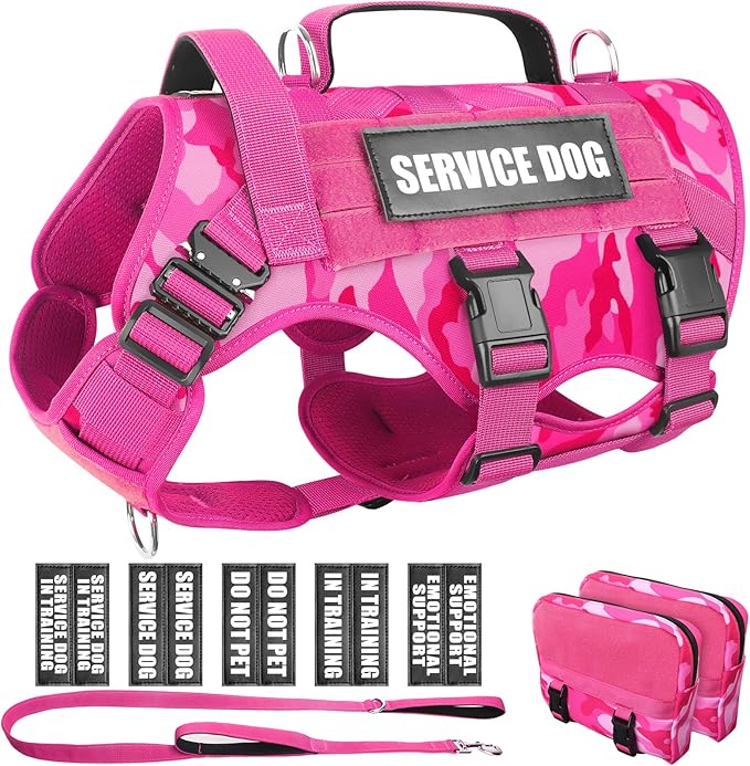 WINSEE Tactical Dog Harness with Dog Leash, Service Working MOLLE Vest with 10 Pet Patches for Dog, No Pull Military Harness and Backpack for Training Hunting Walking