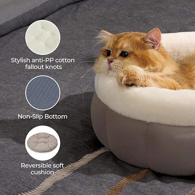 BALANCE Cat Beds for Indoor Cats, Washable Round Cat Bed, Cute Kitten Bed with Anti-Slip Bottom for Kitty and Puppy, 18 Inches, Goat