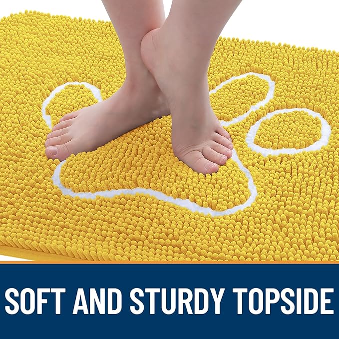 OLANLY Dog Door Mat for Muddy Paws 36x24, Paw Print Design, Absorbs Moisture and Dirt, Absorbent Non-Slip Washable Doormat, Quick Dry Chenille Mud Mat for Dogs, Entry Indoor Entryway Carpet, Yellow