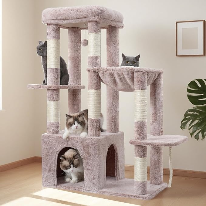 Heybly Heavy Duty Cat Tree, Tower for Indoor Cats Large Adult, Tall Cat Condo House with Extra-Large Baseboard, Multi-Level Plush Furniture with Scratching Posts, Hammock,Toy Balls,Muchroom HCT026MU