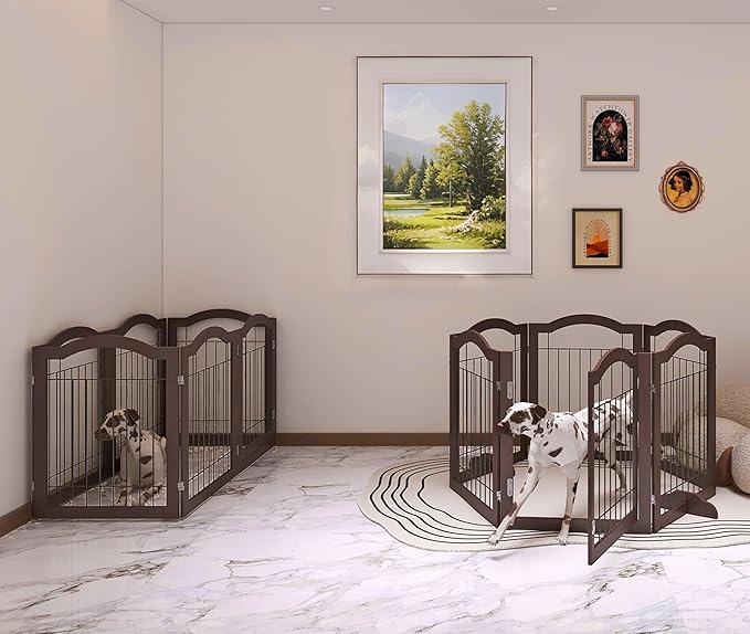 Vantas Folding No-Assembly Dog Door Pet Gate 144" Wide, 30" Tall Wooden Dog Gate with Door Walk Through, Freestanding Wire Pet Gate, Pet Puppy Safety Fence, with 2PCS Support – Espresso