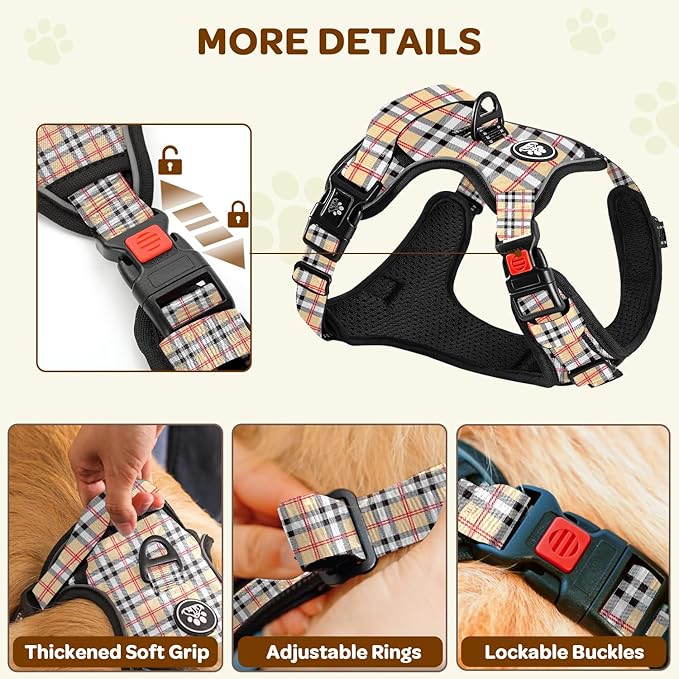 FURRYFECTION Plaid Dog Harness for Medium Dogs | No Pull Reflective Pet Harness | No Choke Adjustable Dog Vest Harnesses | with Leash | Easy Control Handle | Front Lead | Seat Belt | Beige&White | M
