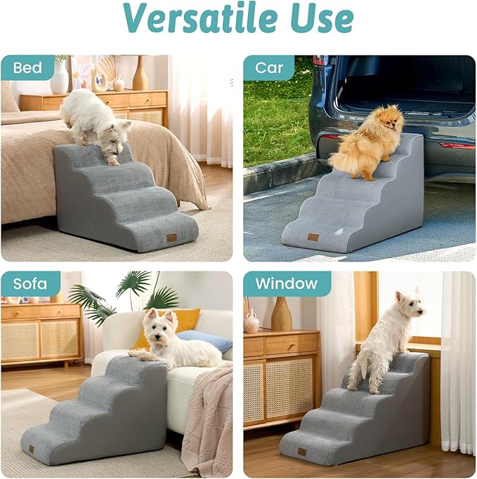 Wide Dog Stairs for Small Dog 22.6" H, Curved Pet Step for Puppy, Older Cat, Curved Ramp for High Bed or Car, Ladder with High Density Foam, Durable, 5 Step, 17.7x33x22.6 inch, Grey