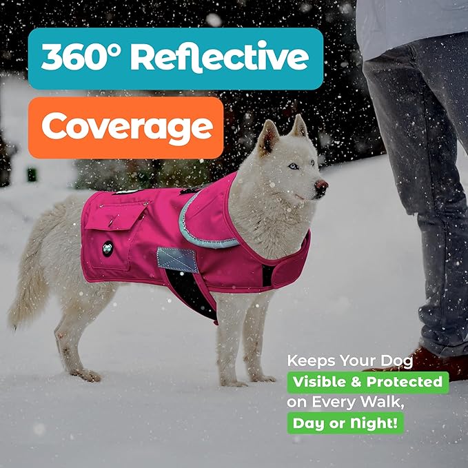 Joyride Harness FrostFlex Dog Winter Jacket - Fleece Lined & Water-Resistant - Snowsuit with Pockets for Treats & Poop Bags - Durable Cold Weather Dog Coat - Pink Berry-XL