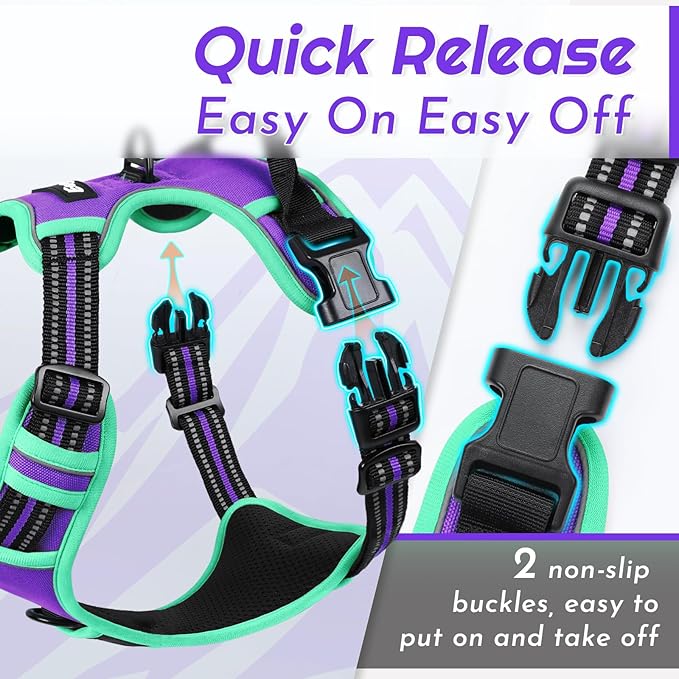 Eagloo Dog Harness for Large Dogs, No Pull Service Vest with Reflective Strips and Control Handle, Adjustable and Comfortable for Walking, No Choke Pet Harness with 2 Metal Rings, Purple & Green, L