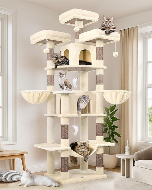 Globlazer Big Cat Tower for Indoor Cats, 80inch Cat Tower for Multiple Adult Cats XXL Cat Tree with Scratching Post, Hammock, 3 Perches, 2 Condos, 2 Hanging Basket, F80, Beige