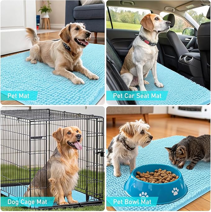 OLANLY Dog Door Mat for Muddy Paws 36x24, Absorbs Moisture and Dirt, Absorbent Non-Slip Washable Doormat, Quick Dry Chenille Mud Mat for Dogs, Entry Indoor Entryway Carpet for Inside Floor, Blue