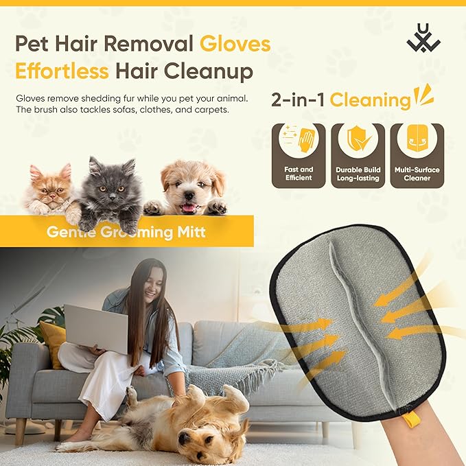 LuxUltra 2 Pcs Electrostatic Pet Hair Removal Gloves for Furniture, Couch, Carpet & Clothes | Reusable & Washable Fur Remover Mitt Set | Includes Bonus Cat & Dog Grooming Brush