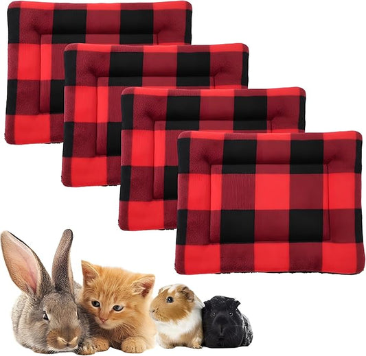 Haull 4 Pcs Waterproof Guinea Pig Bedding Winter Guinea Pig Bed Plush Cage Liners Soft Dog Cat Mat Reversible Winter Cozy Animal Pee Pad Hamster Bed Mat for Bunny(Red Black Plaid,13 x 18.5 Inch)