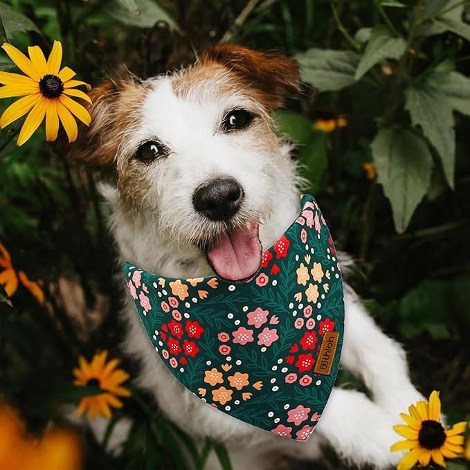 Spring Dog Bandanas - 2 Pack Floral Dog Scarf for Boy & Girl, Premium Durable Fabric, Adjustable Fit, Gift for Dogs, Daisy Bandana for Small Dogs (Small)