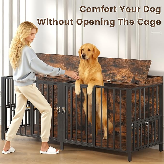 BOINN 78 Inch Dog Crate, Large Dog Crate for 2 Dogs, Dog Kennel Indoor for Large/Medium Dogs with Top Access Door, XL Wooden Dog Cage with 360 Degree Rotatable Stainless Bowls, Heavy Duty Steel Frame