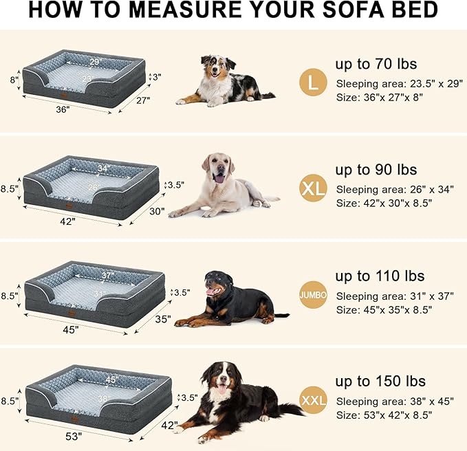 Orthopedic XL Dog Beds, Waterproof Memory Foam Big Pet Bed for Extra Large Sized Dogs 45x35Inch, Non-Slip Bottom and Egg-Crate Foam Dog Couch Bed with Washable Removable Cover, Dark Grey