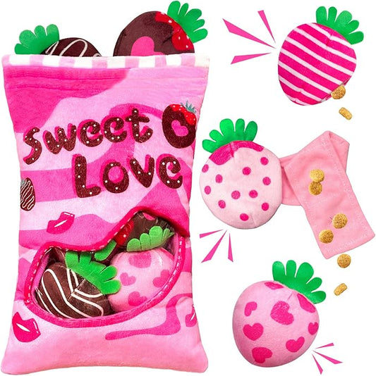 Valentine's Day Dog Toys, Squeaky Hide and Seek Dog Toy, Interactive Puzzle Dog Toys for Boredom and Stimulation, Valentine's Day Dog Gifts for Small and Medium Dogs (Strawberries, Pack of 7)