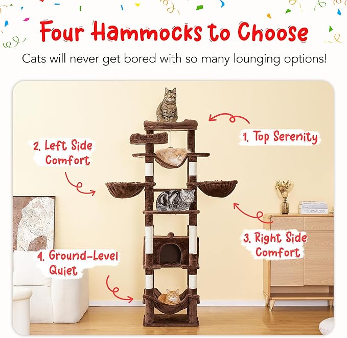 77-Inch Brown Cat Tree for Indoor Cats, Multi-Level Large Cat Tower with 4 Hammocks, 2 Padded Perches, Cat Condo, Sisal Scratching Posts and Hanging Toys for Adult Cat