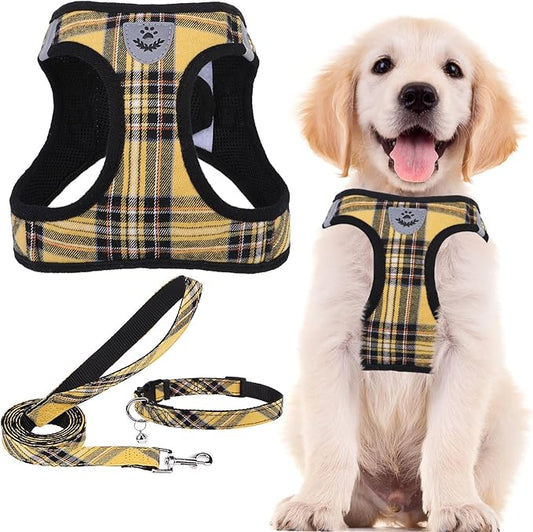 PUPTECK Adjustable Dog Harness Collar and Leash Set Step in No Pull Pet Harness for Small Medium Dogs Puppy and Cats Outdoor Walking Running, Soft Mesh Padded Reflective Vest Harnesses, Yellow, XXS