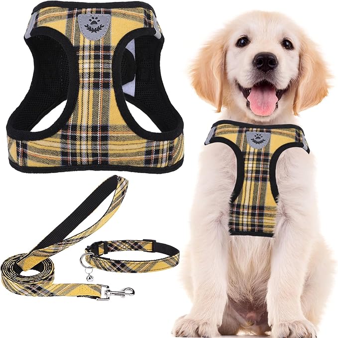 PUPTECK Adjustable Dog Harness Collar and Leash Set Step in No Pull Pet Harness for Small Medium Dogs Puppy and Cats Outdoor Walking Running, Soft Mesh Padded Reflective Vest Harnesses, Yellow, XS