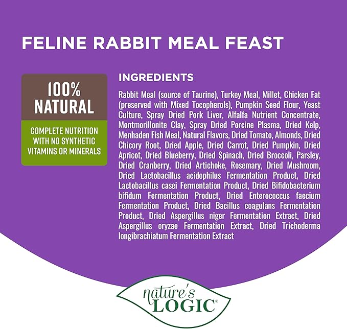 Nature's Logic Feline Chicken Meal Feast Cat Food - High-Protein Dry Food for Cats, 100% Natural Nutrition with Probiotics & Prebiotics - All Life Stages - Rabbit, 3.3lbs