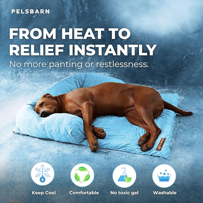 Pelsbarn Cooling Dog Bed - Ice Silk Summer Comfort, Self Cooling, Non-Slip Dog Cover, Durable & Washable, Bed for Medium to Large Dogs 34" x 34", Support Shelter Dogs with Every Purchase (Blue)