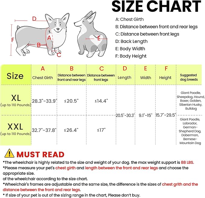 Dog Wheelchair for Back Legs - Lightweight Mobility Cart for Large Breed Dogs with Disabled, Injured, or Arthritic Hind Legs - Includes High-Visibility Vest, Leash & Sling Lift (XXL)