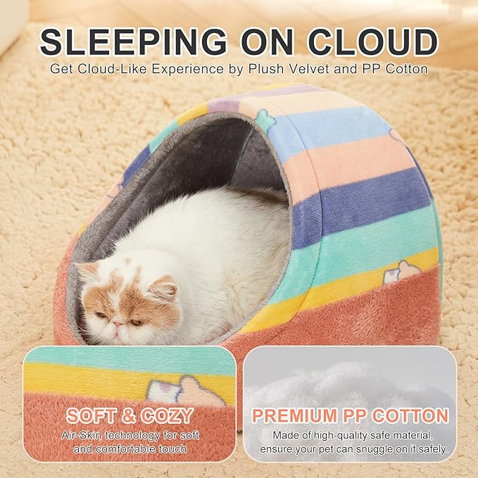 Jiupety Cute Cat Beds for Indoor Cats, Cat Cave Bed for Kittens, Hideaway Cat House & Tent with Anti-Slip Bottom, Washable Removable Cushion, M(16"x16"x13"), Rainbow