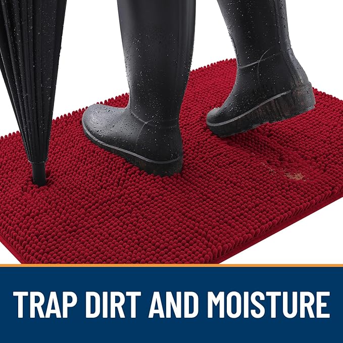 OLANLY Dog Door Mat for Muddy Paws 47x17, Absorbs Moisture and Dirt, Absorbent Non-Slip Washable Doormat, Quick Dry Chenille Mud Mat for Dogs, Entry Indoor Entryway Carpet for Inside Floor, Red