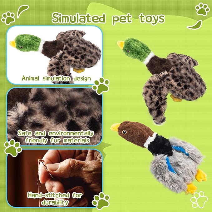 Stuffing-Free Squeaky Duck Dog Toys 2-Pack: Hollow-Body Gray Plush (2 Squeakers) & Mallard (4 Squeakers) | Safe Chew Design for Aggressive Dogs