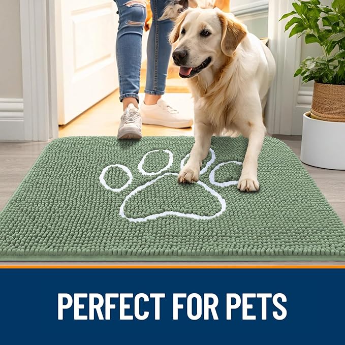 OLANLY Dog Door Mat for Muddy Paws 30x20, Paw Print Design, Absorbs Moisture and Dirt, Non-Slip Washable Doormat, Quick Dry Chenille Mud Mat, Entry Indoor Entryway Carpet, Olive Green and White