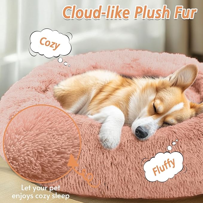 JOLLYVOGUE Calming Dog & Cat Bed for Small Dogs, Anti-Anxiety Donut Cuddler Cozy Soft Round Bed with Anti-Slip Bottom, Fluffy Faux Fur Plush Cushion Beds for Small Medium Pets (23")