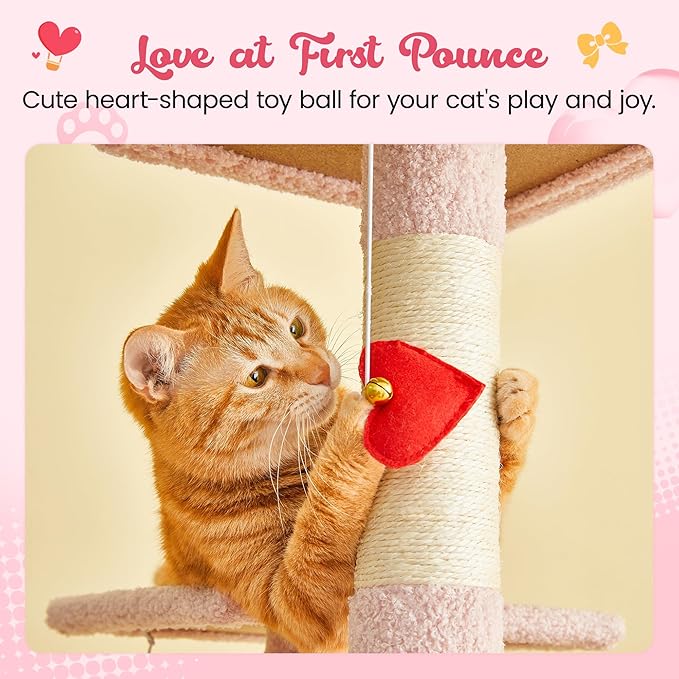 MWPO Cute Cat Tree, 63.8-Inch Pink Cat Tower for Indoor Cats, Multi-Level Cat Condo with 5 Scratching Posts, 2 Perches, Hammock, Dangling Toys