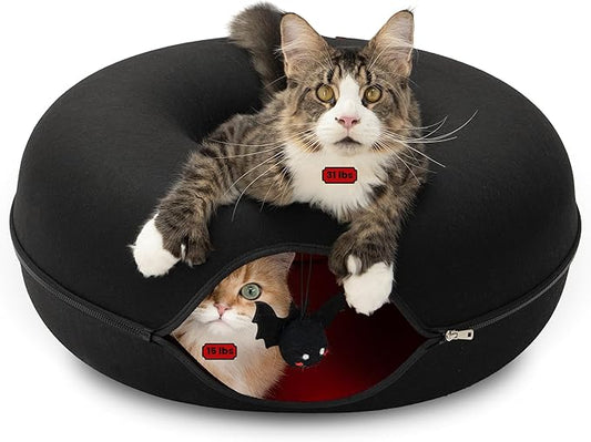 Cattasaurus Halloween Peekaboo Cat Cave, Extra Spacious for Multiple & Large Cats 15+ lbs, Scratch Detachable Cat Beds for Indoor Cats, Washable Tunnel Bed, Comfy Cat Donut Tunnel (Gothic Bat, Jumbo)