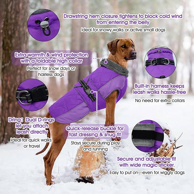 QBLEEV Warm Dog Jacket - Reflective, Adjustable Winter Coat with Turtleneck for Cold Weather, Waterproof Fleece Snowsuit for Small, Medium, Large Dogs