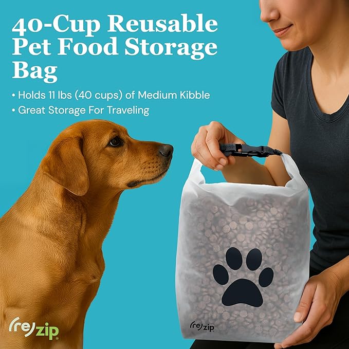 (re)zip Large Roll Top Pet Dry Food Storage Bag 40-Cup, BPA-Free, Food-Grade, Pet-Safe, Freshness Seal for Camping, Long Term Boarding, Travel & Daily Use, Machine Washable, Black