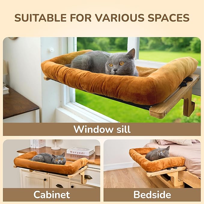 45LBS Capacity Cat Window Perch with Bolster, Hammock Seat with Premium Plywood & Metal Frame, Cat Window Bed for Indoor Cats & Kittens, Extra Cood Pad (Natural Wood & Brown Cushion, 24.8''W x 9.4''H)