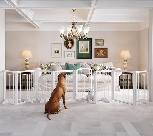 JSB 192-inch Extra Wide 30-inch Tall Dog gate with Door Walk Through,Full Matel Freestanding Pet Gate for Halls, Stairs & Home, Pet Puppy Safety Dog Fence with 4PCS Support Feet (White)