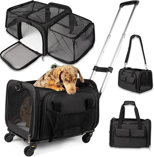 Pet Carrier with Wheels | Delta American Frontier Airline Approved | Two Expandable Sides, Storage Pockets Adjustable Leash | Rolling Dog and Cat Carrier TSA Compliant (Black 17x12.5x11)