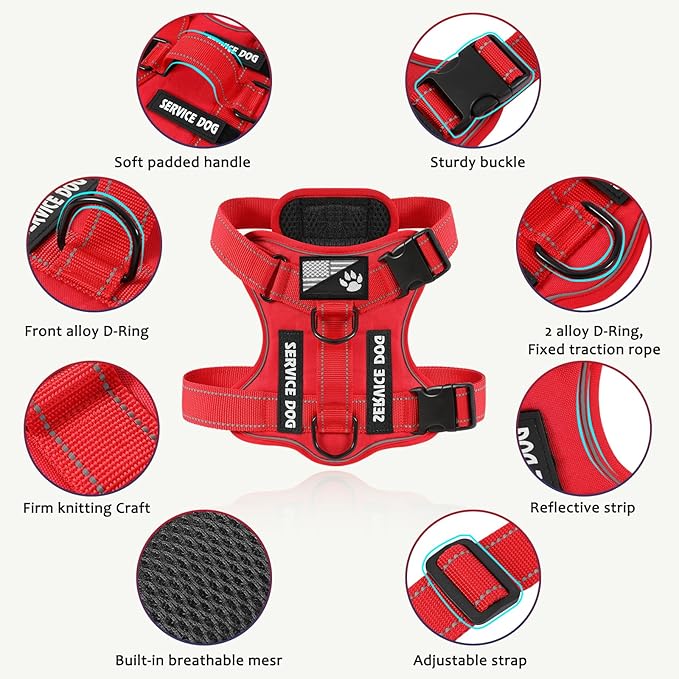 Demigreat Service Dog Harness, Reflective Dog Vest Harness with 5 PCS Patches, Adjustable Soft Oxford Pet Harness, Inner Layer Mesh, Easy to Control for Dogs (All-RED, X-Small (Pack of 1))