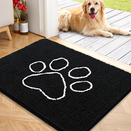 OLANLY Dog Door Mat for Muddy Paws 40x32, Paw Print Design, Absorbs Moisture and Dirt, Absorbent Non-Slip Washable Doormat, Quick Dry Chenille Mud Mat for Dogs, Entry Indoor Entryway Carpet, Black